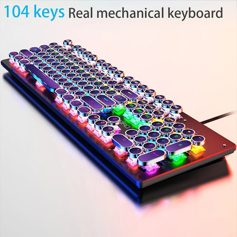 Retro punk mechanical keyboard with 104 keys, RGB backlit, and USB wired connection for gaming.