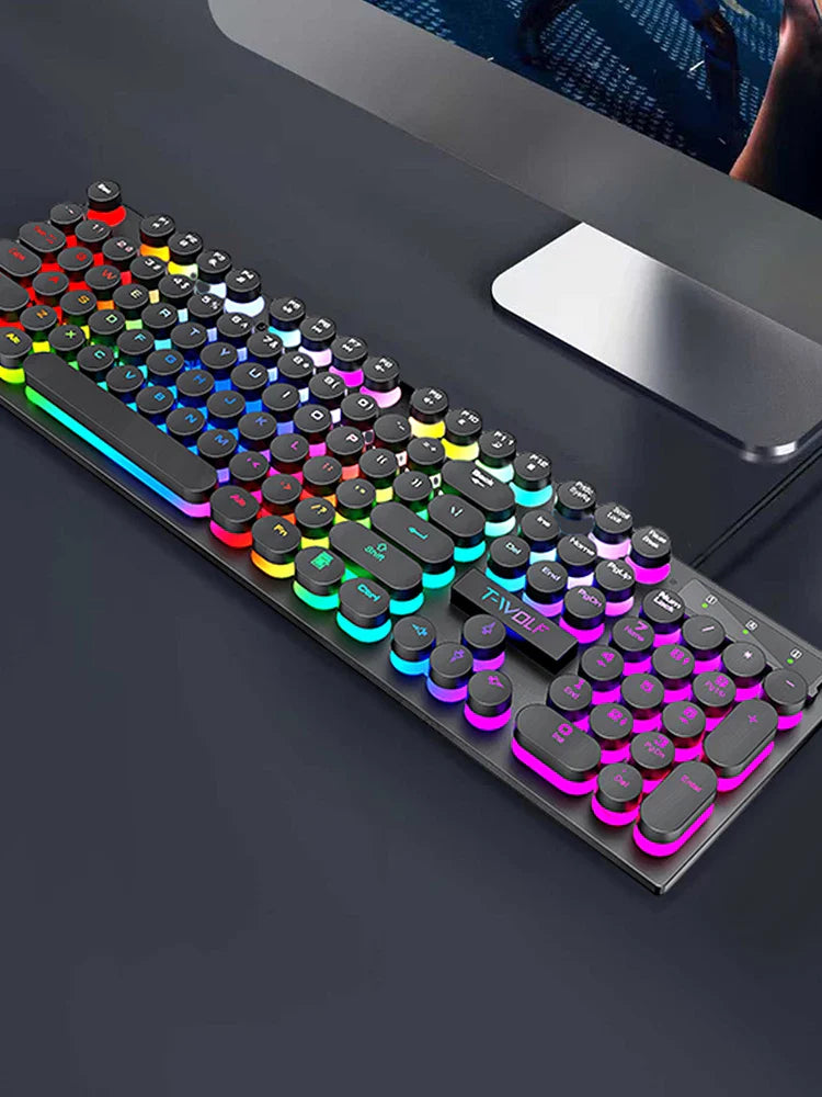 Illuminated wired keyboard with shadow mechanical feeling, ideal for desktop computers, laptops, and esports games, featuring 104 capacitive keys.