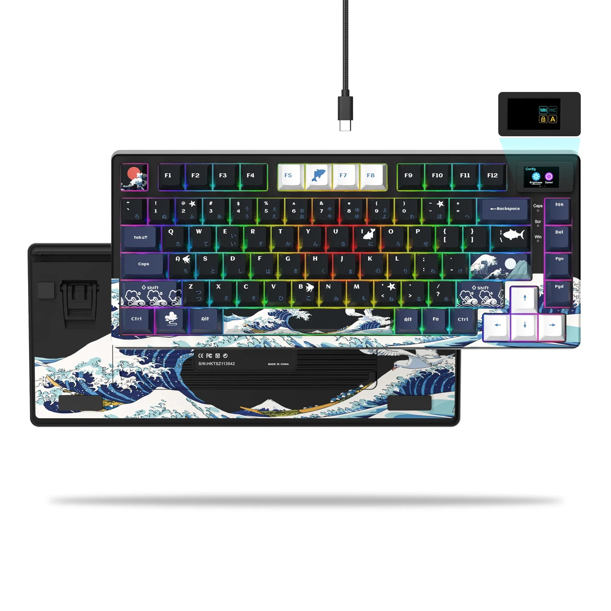 Wired mechanical gaming keyboard with OLED display, hot-swappable keys, and RGB backlighting for PC or laptop.