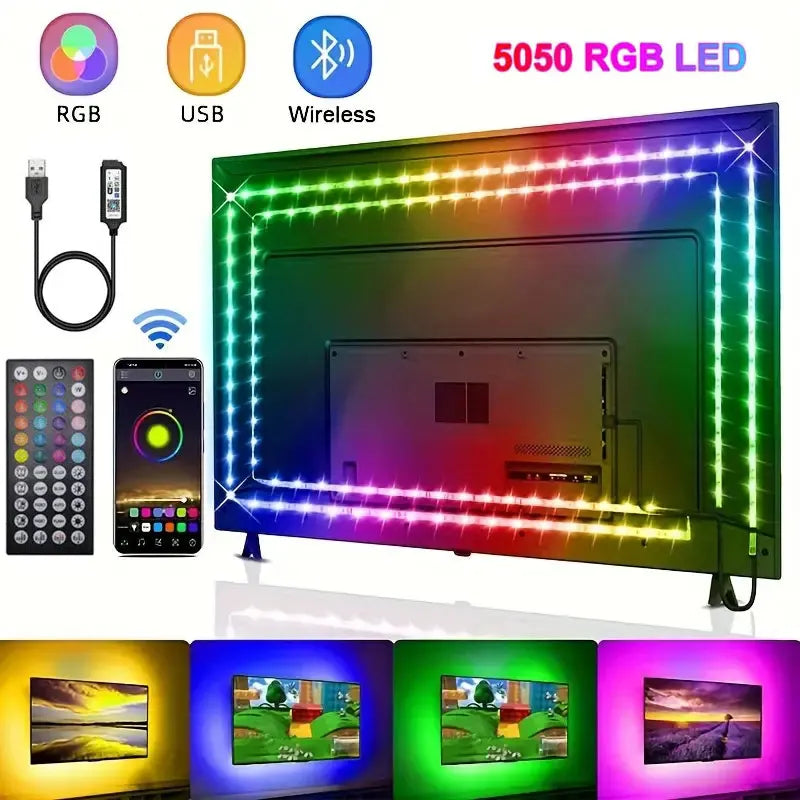 USB Smart LED Strip Light with remote control, RGB colors, and energy-efficient lighting for ambiance enhancement.