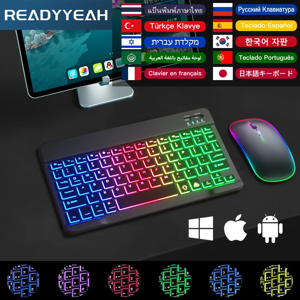 Wireless Bluetooth mini backlight keyboard and mouse for Android, iOS, Windows tablets by READYEAH with multilingual support and multicolor backlight.