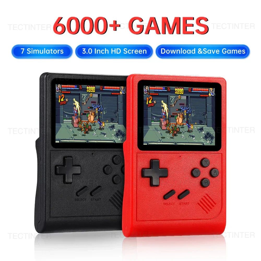 Portable handheld game player with 3.0 inch screen, available in red and black, featuring over 6000 built-in retro games.