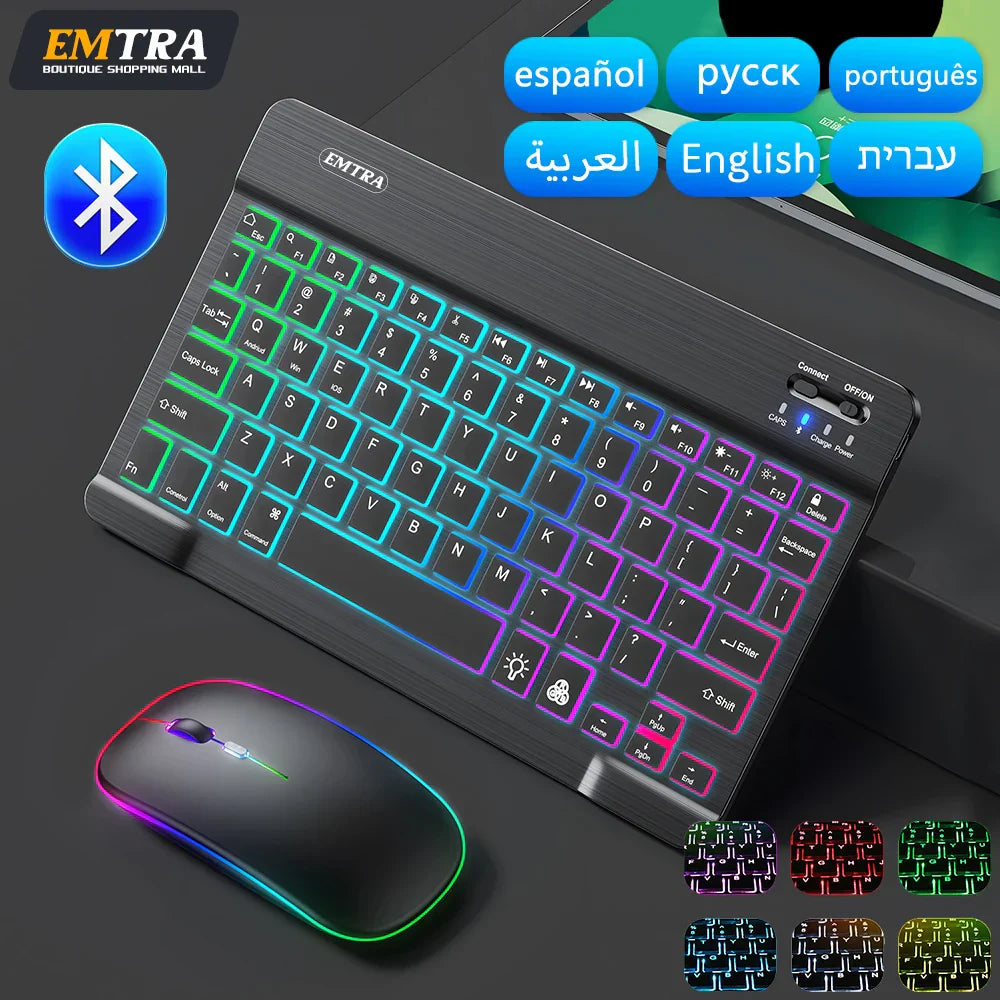 EMTRA Bluetooth backlit keyboard and mouse with multilingual support for iPad.