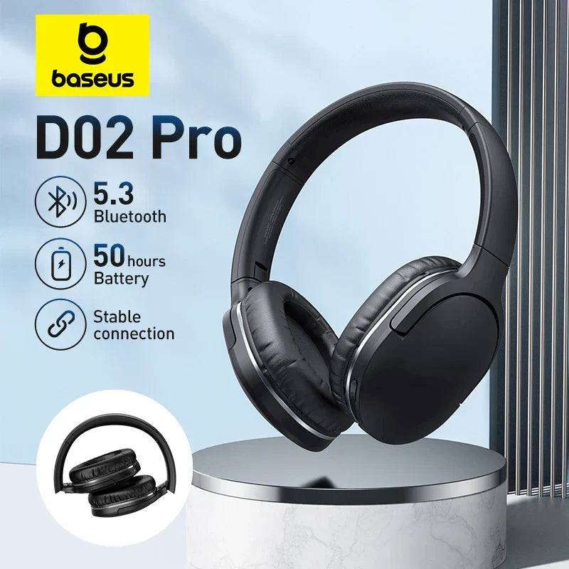 Baseus D02 Pro Wireless Bluetooth Headphones with foldable design and 50-hour battery life.