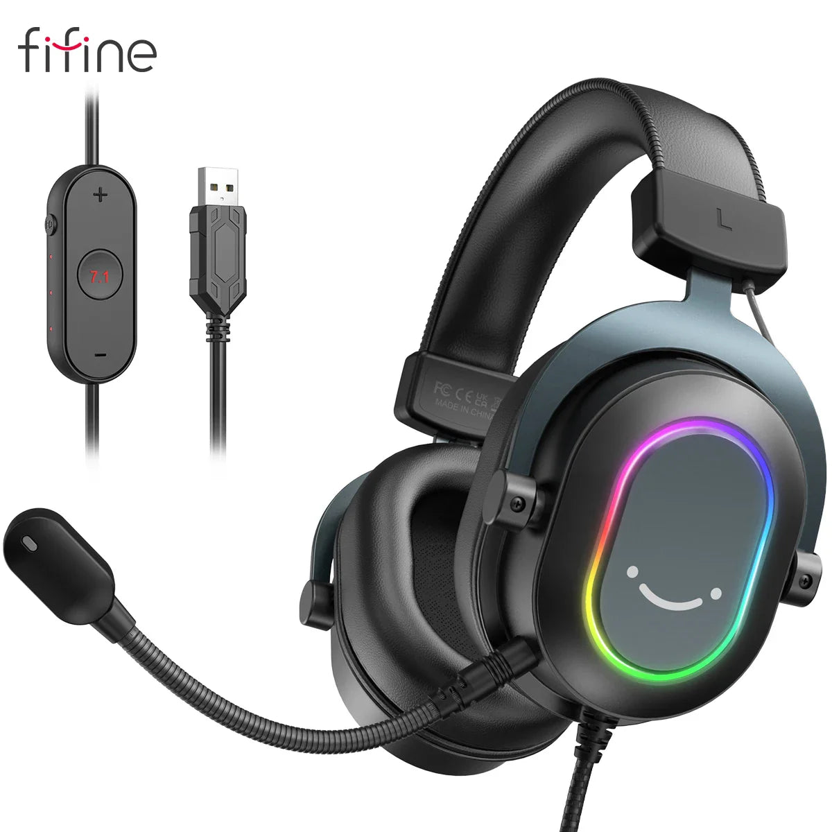 Fifine Dynamic RGB Gaming Headset with Mic and Over-Ear Headphones featuring vibrant RGB lighting.