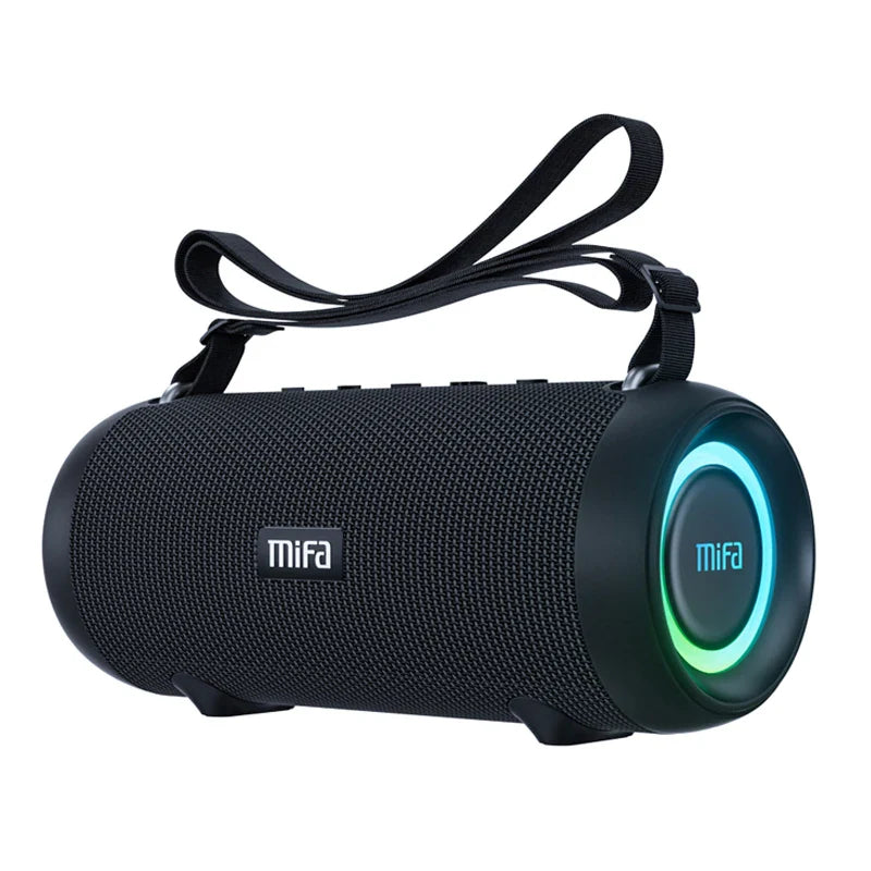 Wireless Bluetooth speaker with portable design and strap for easy carrying.