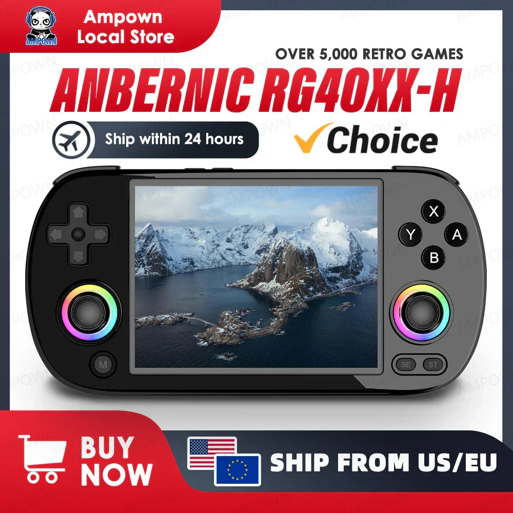 ANBERNIC RG40XX H Handheld Game Console with 4'' screen, Linux system, joystick, RGB lighting, and over 5000 retro games.