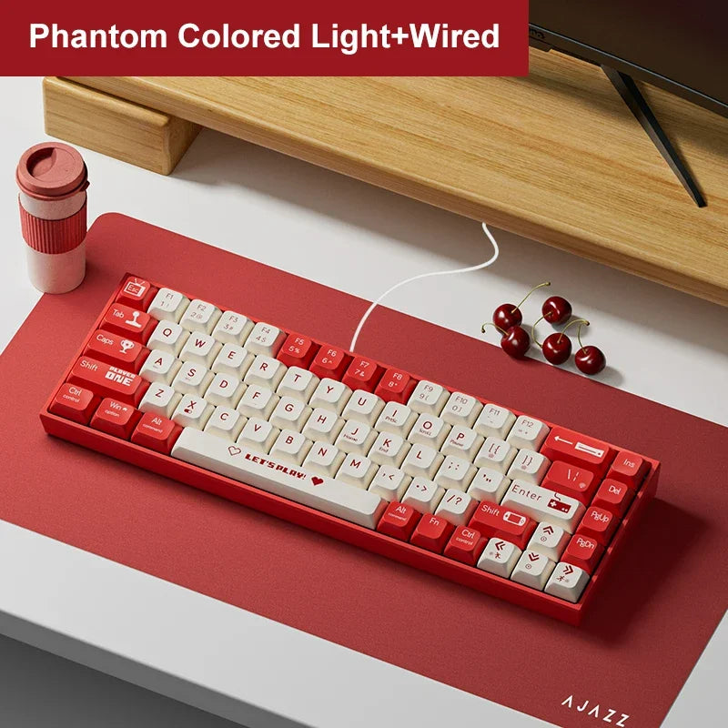 AJAZZ AK680 Mechanical Keyboard with customizable keycaps on a red desk mat.