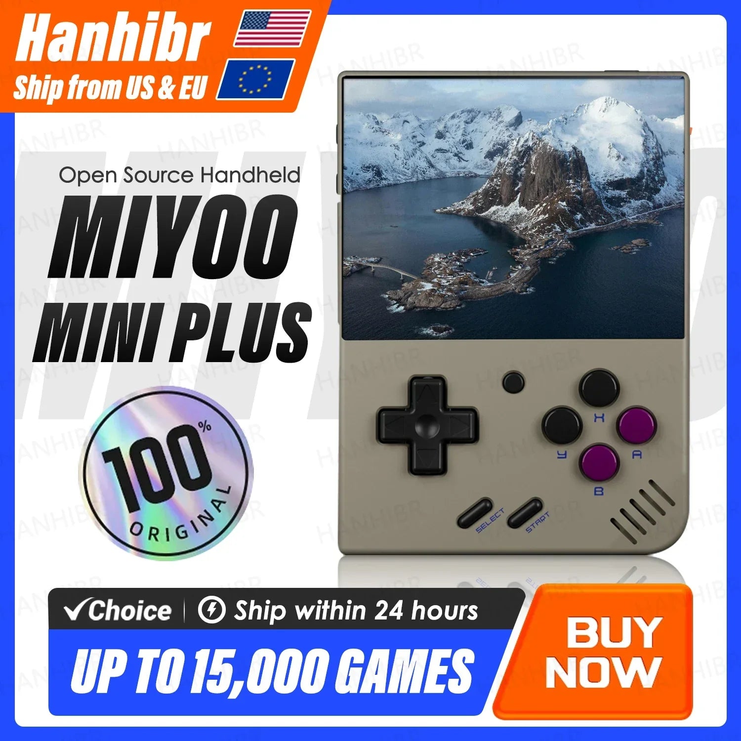 MIYOO Mini Plus Portable Retro Handheld Game Console V2 with IPS Screen displaying a coastal landscape, supports 15,000 games, 3.5" display, and Linux OS, ideal for children aged 6+.