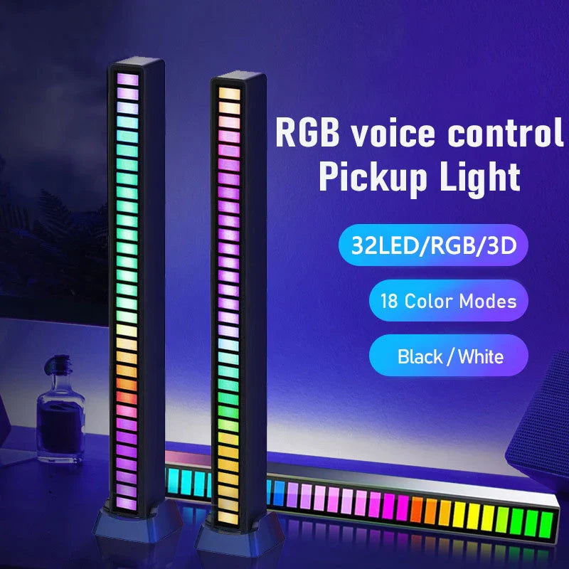 RGB Voice Control Pickup Light with 32 LED strips, showcasing 18 color modes in a sleek black design.