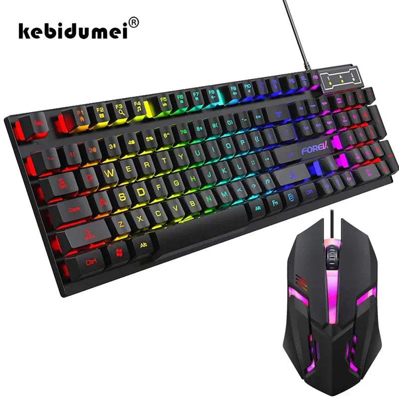 104 key backlit mechanical gaming keyboard and mouse set, wired, waterproof, multicolor luminous design.