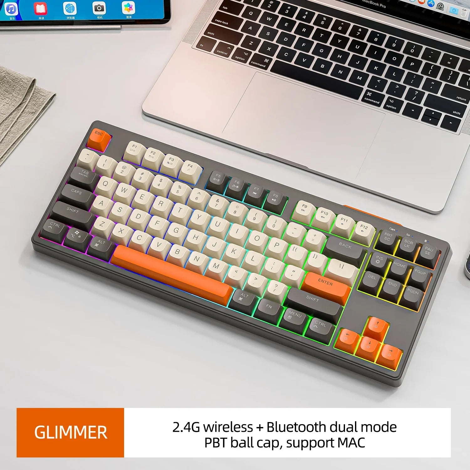 87 Keys Bluetooth Wireless Keyboard with rainbow backlighting and laptop compatibility.